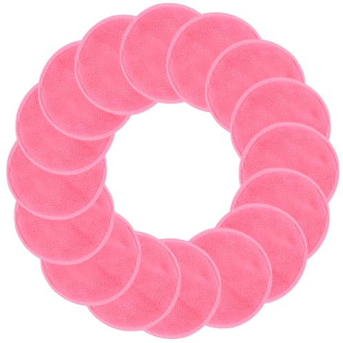 SUNLAND 16 Stück Makeup Entferner Pads Weich Abschminkpads 8cm Rosa | Abschminktücher für Gesicht, Augen, Lippen Mikrofaser waschbar Wattepads mit Wäschesack und Reisetasche