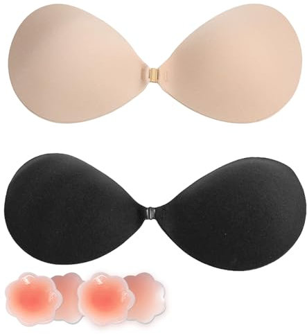 MUNSKT 2 Pièces Soutien Gorge Femme Adhesif avec 4 Coussins de Mamelon,Dos Nu,Soutien Gorge Invisible sans Bretelle Réutilisable pour Les Robes de Soirée Robes de Mariée