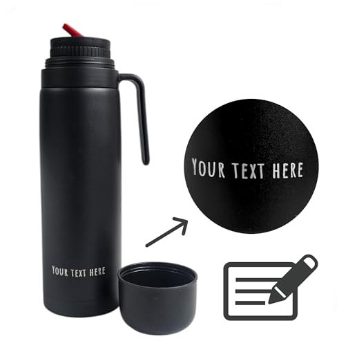 Mate Gaucho Bruno - Recipiente térmico para bebidas con pico vertedor de precisión, asa y tapa de rosca - Para bebidas frías y calientes - Acero inoxidable revestido en negro - 1 L personalizable