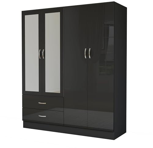 Nera High Gloss 4 Door Wooden Wardrobe with Mirror and Drawers for Bedrooms Storage (Gloss Black(Matt Black))