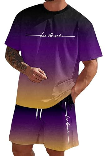 Generico Completo Running Uomo, Completi Estivi Uomo 2 Pezzi Tuta Girocollo T Shirt a Manica Corta E Pantaloncino Tasche Coulisse Set Completino Morbido Comodo Taglio Classico per Allenamento Fitness