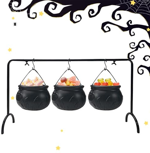 Chdnhe 3 Stück Hexenkessel Halloween Deko, Schwarz Hexenkessel mit Eisenständer, Hexenkessels Servierschalen Süßigkeiten Eimer kessels für Drinnen, Draußen, Halloween Party Dekoration