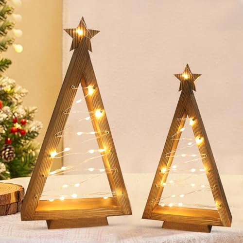 Weihnachtsdeko LED Weihnachtsbaum Holz mit Stern, 2 Stück Weihnachtsbaum Beleuchtet mit LED Lichterkette, Weihnachtsdeko Innen Aesthetic, Holz Baum Tischdeko für Gemütliche Weihnachten Deko Innen