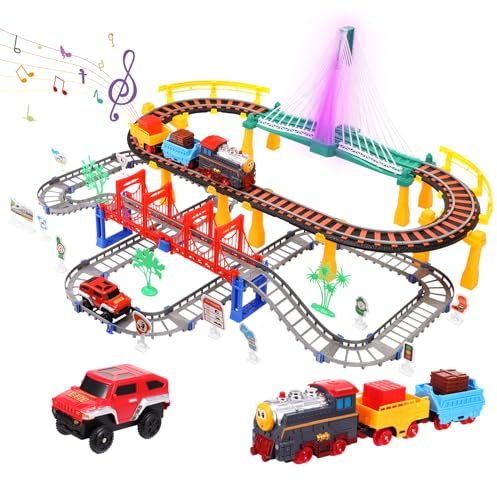 GSrenyu Electric Train Set Toy for Kids, Trains Toy with Train Whistles | Glowing Bridge and Lights, Railway Trains Track Toys Playset Christmas Birthday Gifts for 5 6 7 8 Years Old Boys Girls