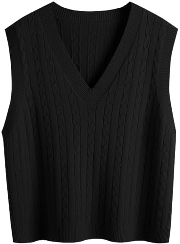 SUNSESS Women's Sleeveless Jumper V Neck Sweater Vest Cable Knit Tank Top | Loose Fit Chunky Ribbed Pullover Gilet for Layering, Office & Casual Preppy Style
