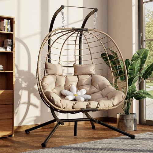 Amopatio Doppel Hängesessel mit Gestell & Kissen, Wetterfester Rattan Hängeschaukel für 2 Personen, Mental Schaukelsessel für Garten, Balkon, Terrasse, Indoor, Outdoor, Beige