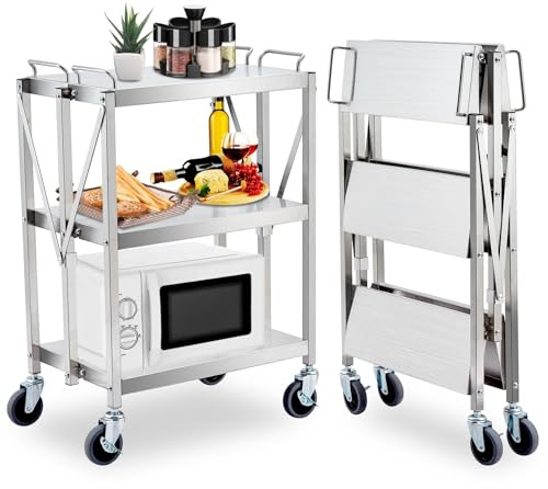 GarveeHome Edelstahl Servierwagen 3 Etagen, Faltbar Küchenwagen mit 4 Rollen, Lebensmittel Zubereitungstisch bis 200kg mit Bremsen, Rollwagen Metall Teewagen, Weinwagen, Getränkewagen 64x40x96cm