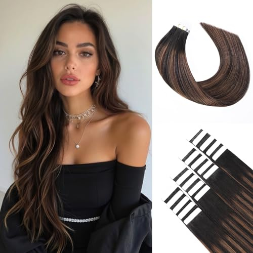 Tape Extensions Echthaar 20pcs Extensions Echthaar 40cm Natürliches Schwarz mit Chestnut Braun Echthaar Extensions Tape Invisible Tape in Extensions Echthaar Skin Weft Tape 40g(16inch,1B/1B/6#)