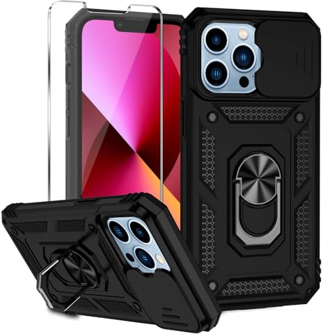 Damtong for iPhone 13 Pro Phone Case 6.1 Inch with Camera Cover Black | Phone Case with Camera Cover and Screen Protector, Rotatable Kickstand Military Grade Dual Layer Shockproof Drop Protection