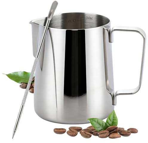 Milk Frothing Pitcher, 350ml/12oz 304 Stainless Steel Coffee Jug with Measurement Marks & Latte Art Pen, Ideal for Crafting Latte Art, Cappuccino, Perfect for Home Baristas & Coffee Enthusiasts