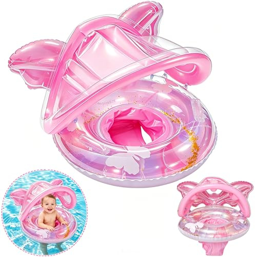 Schwimmring Baby, Aufblasbar Baby Schwimmring ab 6 Monate Kleinkind mit Sonnendach, Schwimmreifen Baby Abnehmbarer Sonnendach UPF50+ & Sicherheitsgriff ab 0-4 Jahr für Außenbereich (Rosa)