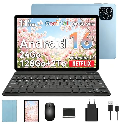 TABWEE T90 11 Zoll Tablet mit Tastatur und Stift, Android 16 mit Gemini AI | 24GB RAM+128GB ROM (TF 2TB), 8000mAh Akku, Widevine L1, 13MP Kamera, 5G WiFi, PC-Tablet für Schule, Studium & Arbeit -Blau