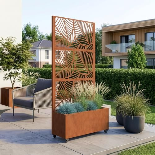 casa.pro Blumenkasten mit Sichtschutz Surnskoki Pflanzkübel mit Rankgitter Metall Pflanzkasten Balkon 190 hoch Outdoor Trennwand mit Rollen Garten 190 x 82 x 38 cm Edelrost