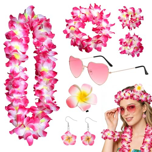 7er Hawaii Outfit Damen Zubehör Set, Karneval Mottoparty Kostüme Zubehör | mit Blumenkranz, Blumenhaarband, Blumenarmbandes, Blütenkopfes,Herz Sonnenbrille und Ohrringe, für Strandpartys, Sommerfeste