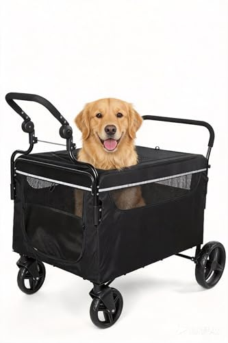 Aptliton Großer Hundebuggy bis 50kg – Faltbarer Outdoor Hundewagen, 2-in-1 Schiebe- & Ziehfunktion, Geländetaugliche Räder, Atmungsaktiv, für große, alte & kranke Hunde, Schwarz