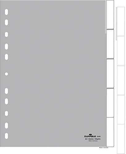 Durable Kunststoff-Register A4 blanko, 5-teilig, grau, 644010 | Register aus PP mit Universallochung, glasklare umschweißte Taben, inklusive Einsteckschildern