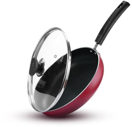 Vinod Zest Inducto Aluminium Non Stick Deep Frypan with Glass Lid - 24 cm | 3 mm Thick | Premium Non-Stick Coating | Metal Spoon Friendly | Induction & Gas Stove Compatible