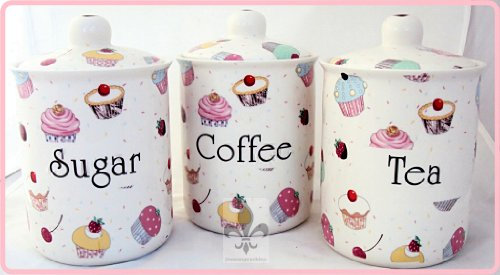 Fairy Cupcakes Tea Coffee Sugar Canisters Fine Bone China Cupcakes Storage Jars Hand Decorated in The U.K. Free U.K. Delivery