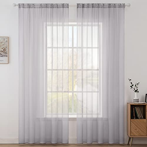 MIULEE Vorhänge Gardinen, Stangendurchzug Gräuliches Flieder 2er 225x140cm | Transparente Gardine aus Voile, Luftig Leicht, Einfarbig Dekoschal für Wohnzimmer & Schlafzimmer