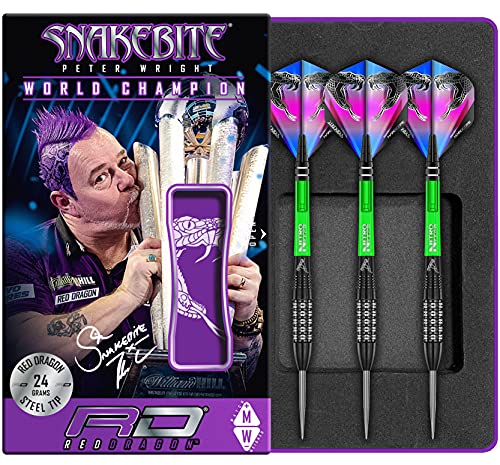 RED DRAGON Peter Wright Snakebite Black Strike 24g Tungsten Darts mit Flights und Schäfte