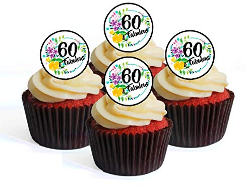 60th Birthday Edible Cupcake Toppers, 60 & Fabulous Cake Decorations - 24 x 1.5 Inch 4cm Uncut