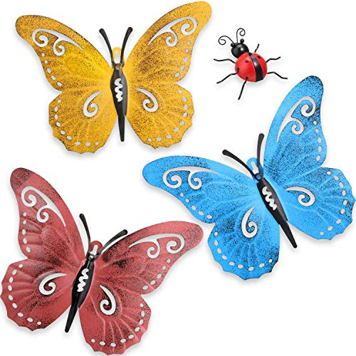 Hotop 4 Pièces de Papillon en Métal Art Mural en Métal Décor de Coccinelles de Jardin pour Intérieur Extérieur de Mur de Jardin Décoration Sculptures Suspendues 3 Couleurs