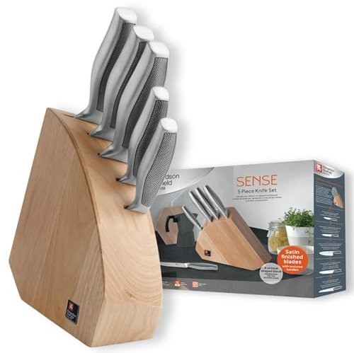 RICHARDSON SHEFFIELD SENSE MESSERBLOCK | inklusive 5 Messern | aus Kiefernholz | einfaches Entnehmen | rutschfeste Griffe mit Mikrotextur | Küchenmesser Set | Messerset mit Block | 36 x 25 x 9 cm