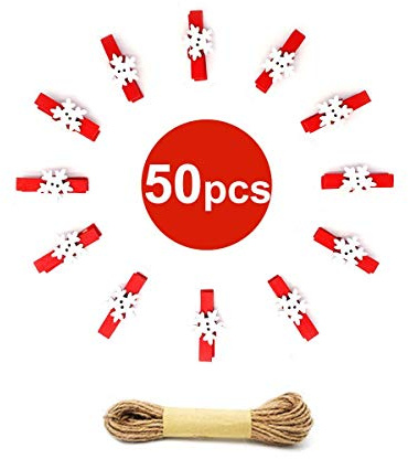 50PCS Christmas Wooden Clothespins, Mini Snowflake Photo Clips, Mini Wooden Pegs with 10 Meters Jute Twine for Hanging Christmas Cards Photo Paper Crafts