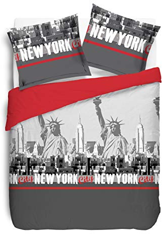 Vision - Parure Housse de Couette New York Rouge - Housse de Couette 200x200cm avec 2 taies Assorties 65x65cm - 100% Coton