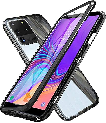 Kompatibel für Samsung Galaxy S20 Ultra 5G Hülle, Magnetische Metallrahmen 360 Grad Handyhülle Vorne und Hinten Gehärtetes Glas Handyhülle Magnet Case Panzerglas Doppelseitige Hülle, Schwarz