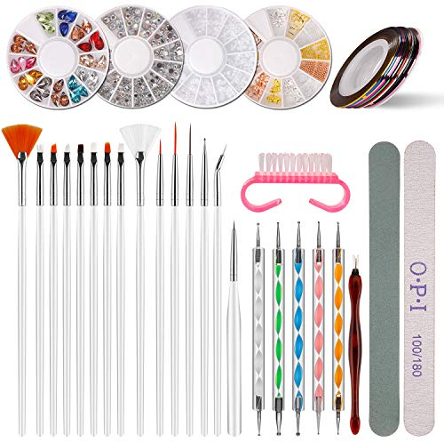Nail Art Tool Set, Nail Pen Designer with 15pcs Nail Painting Brushes, Nail Dotting Tool, Manicure Striping Tape, Color Rhinestones for Nails, DIY Tools Set For Girls Nail Decoration Manicure