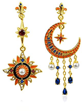 Gnoce Stern Mond Asymmetrisch Ohrringe Baumeln 925 Sterling Silber 18 Karat vergoldet Böhmischen Vintage Boho Tropfen Ohrringe Geschenk für Frauen Mädchen