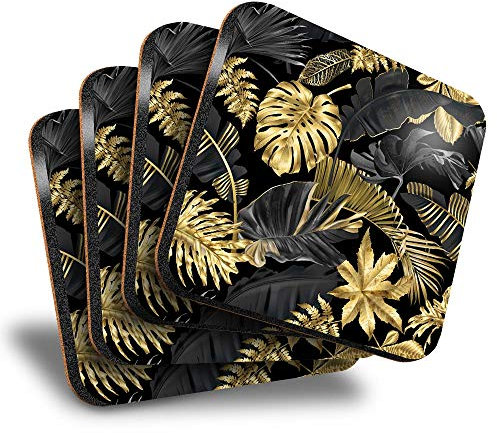 Destination Vinyl ltd Great Coasters (Set di 4) Piazza - Gold & Black Tropical Leaf Print Drink sottobicchieri lucidi protezione da tavolo per qualsiasi tipo di tavolo #24546