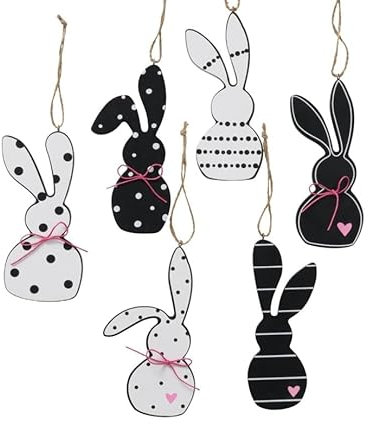 12 STK Holzhasen Anhänger schwarz Weiss Happy 14x6cm Osterhasen Hänger Deko Hasen Gesteckschmuck n100 Häschen Punkte Dekohasen Holzhase 2x6er Set