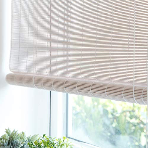Blanc Store Enrouleur Bambou,Rideau Occultant en Bambou Exterieur,80% Crème Solaire Ombrage Stores Venitien,pour Fenêtres,Patio,Portes,Porche,Stores À Rouleaux Romains (140x180cm/55x71in)