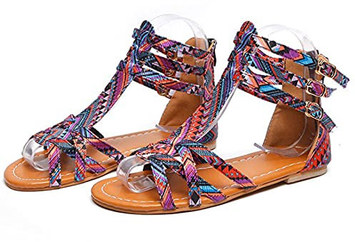 HHZY Sandales Plates Femme Mode Été Bohème Cuir PU Sandales Peep Toe Confortables Femmes Chaussures pour Plage Vacances Chaussures de Ville Bride Cheville,Violet,US8/EU39