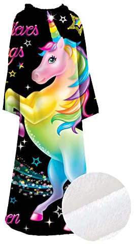 Kuscheldecke Mit Ärmeln Kinder Mädchen Damen XXL Winter Weiche TV-Decke Microfaser Fleece Tagesdecke Ärmeldecke Lazy Einhorn Motiv Warmer Poncho Wohndecken Decke Flauschig (Schwarz,127x178 cm)