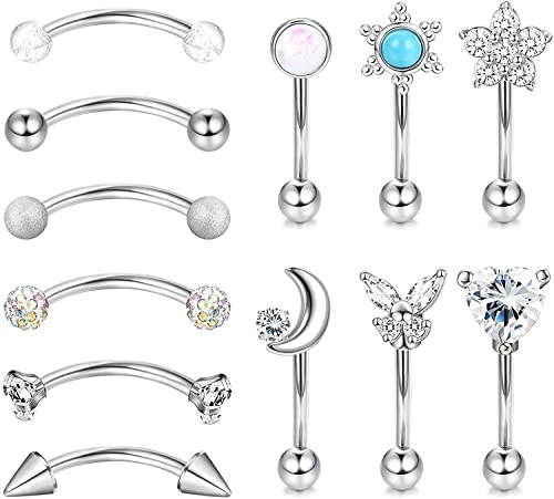 LOLIAS 12 Stück 16G Rook Daith Ohrringe Curved Barbell Edelstahl für Damen Tragus Piercing Augenbrauen Bauchring Body Piercing Barbell Banane Piercing Schmuck Set 6-8mm
