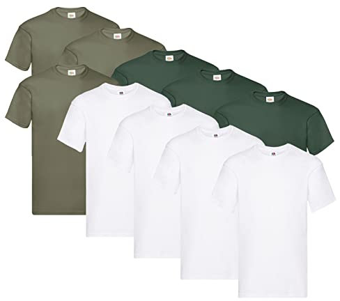 Fruit of the Loom Men's Original T. T-Shirt (Pack of 10), 4 x White + 3 x Olive + 3 x Bottle Green + 1 Hl Purchase Notepad, L