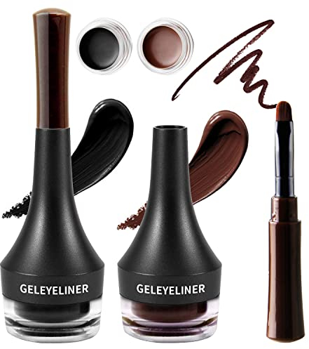 2 Pcs Eyeliner Gel, Black and Brown Cream Eyeliner Waterproof Long Lasting Gel Eyeliner with Eye Liner Brush Quick Drying Formula Eye Makeup