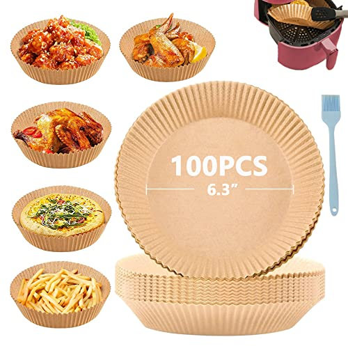 Backpapier für Heißluftfritteuse 16cm, 100 Stück Airfryer Backpapier Einweg Antihaft Papiereinlagen Ölbeständig Nicht Porös Wasserdicht Lebensmittelqualität Pergamentpapier Heissluftfriteusenpapier