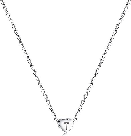 RWQIAN Silber Herz Buchstabe Kette Damen- Edelstahl Initialen Kette Alphabet T Buchstabe Kettenanhänger Halskette Geschenk 16+2