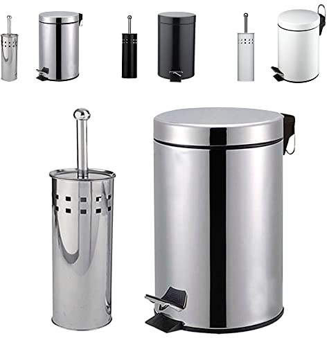 Crystals 3 Liter Stainless Steel Pedal Bin for Kitchen Bathroom Toilet Rubbish + Toilet Brush with Holder (Silver)