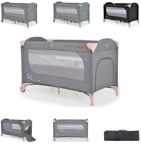 Cangaroo Reisebett Skyglow 2 Ebenen Räder Matratze Seiteneingang Tasche Bremsen, Farbe:rosa