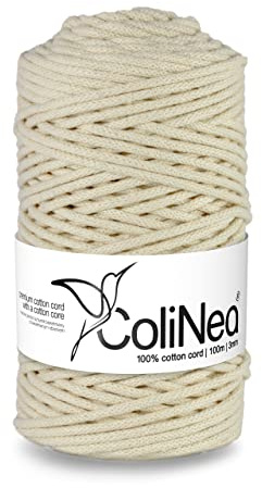 ColiNea Baumwollkordel mit Baumwollkern 3 mm 100m Baumwollgarn DIY Makramee Stricken Cotton Cord Elfenbein ideal für Makramee Handwerk Baumwollseil für Basteln