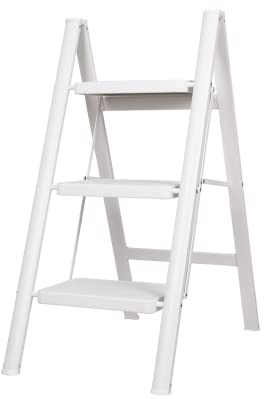 BAOYOUNI Trittleiter 3 Stufen Klappbar Haushaltsleiter Leiter Rutschfeste Stufenleiter 20 cm Breite Stufen Klapptritt Belastbar bis 330lbs, für Küche, Hause, Büro, Garage, DIY-Malerei, Weiß