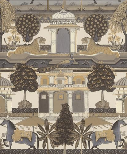 Rasch Vliestapete Beige Grau Indisch Palast Tiger Pferd Bäume 746228