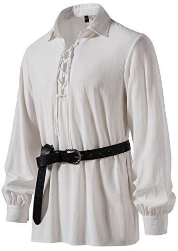 LucMatton Klassisches Herrenhemd mit Schnürung, Baumwolle, mittelalterliches Vintage-Kostüm, XL