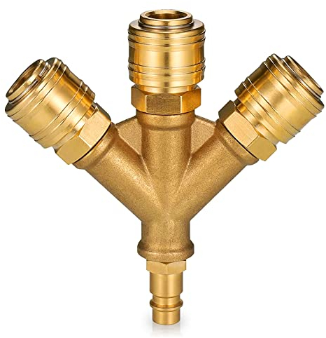 Druckluftverteiler 3-Fach mit Kupplungen, 1/4-Zoll Verteiler Luftverteiler 3 Druckluftweiche mit Außengewinde, Messing Kupplungsstecker mit Kupplungsdosen NW 7,2 Luftweiche Y Verteiler