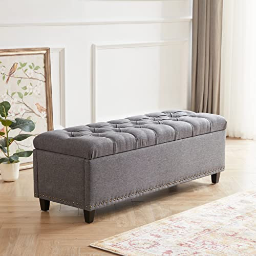 Tbfit Ottomane mit Stauraum, 129 cm, Aufbewahrungsbank mit Knopfleiste, Sicherheitsscharnier mit Nieten, großer Stauraum, Ottomane für Schlafzimmer, Wohnzimmer, Fußbett (grau)